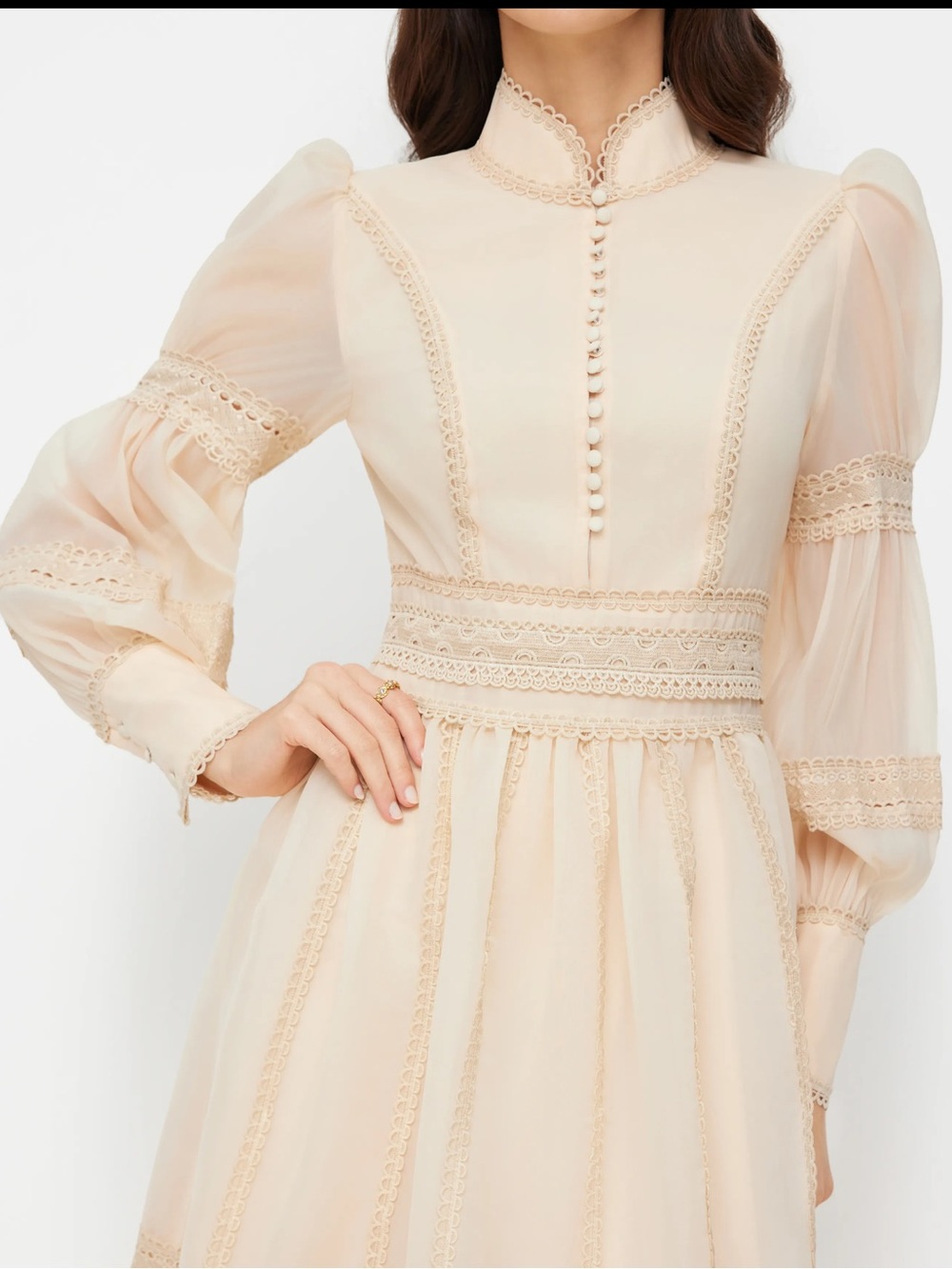 NWT CIDER CHIFFON HIGH NECK CONTRASTING LACE CINCHED WAIST A-LINE MAXI DRESS - Picture 4 of 16